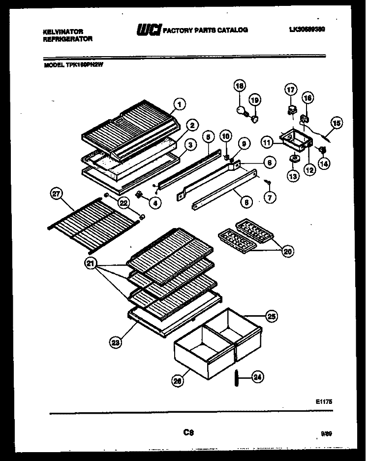 SHELVES AND SUPPORTS Diagram and Parts List for TPK160PN2W  Kelvinator Refrigerator