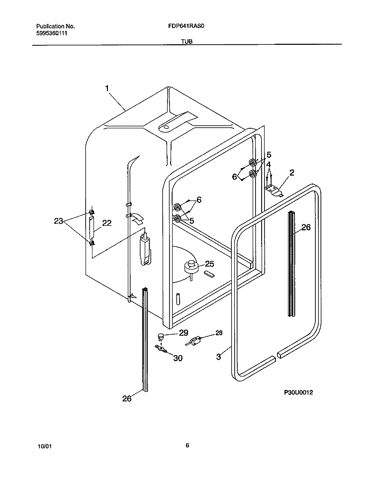 TUB Diagram and Parts List for FDP641RAS0  Frigidaire Dishwasher