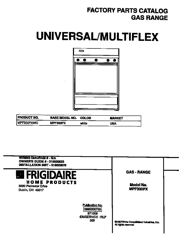 COVER Diagram and Parts List for MPF300PXWC  Frigidaire Range