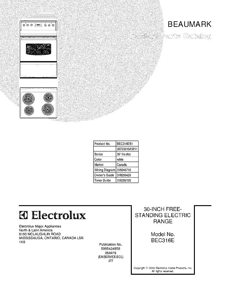 COVER Diagram and Parts List for BEC316ES1  Crosley Range