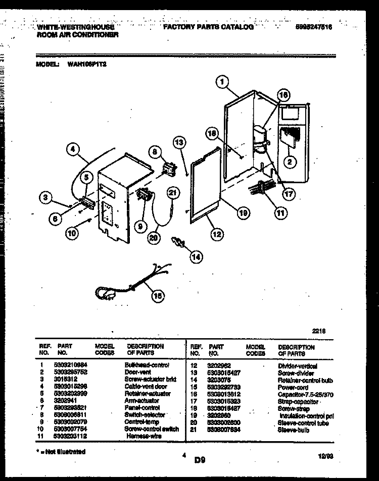 ELECTRICAL PARTS Diagram and Parts List for WAH106P1T2  Frigidaire Air Conditioner