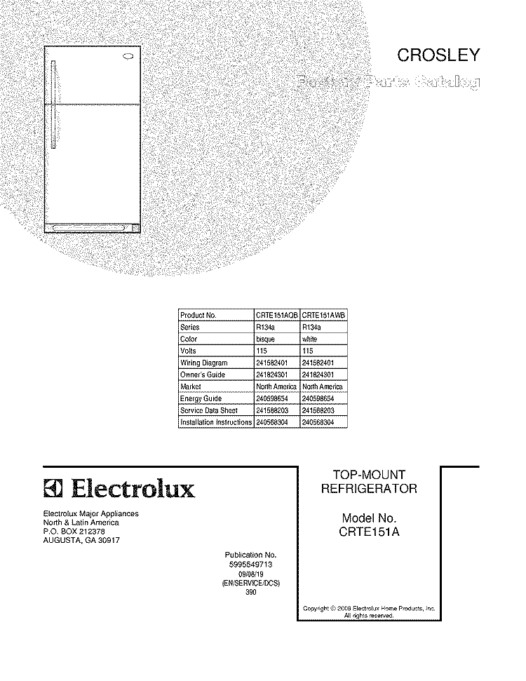 COVER Diagram and Parts List for CRTE151AQB  Crosley Refrigerator