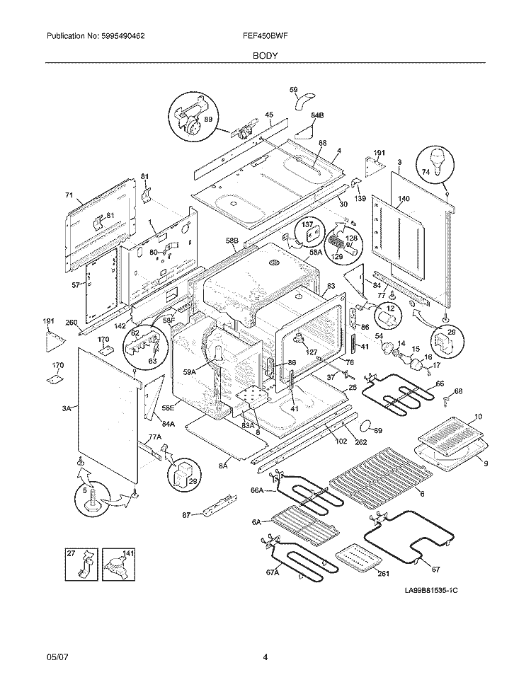 BODY Diagram and Parts List for FEF450BWF  Frigidaire Range