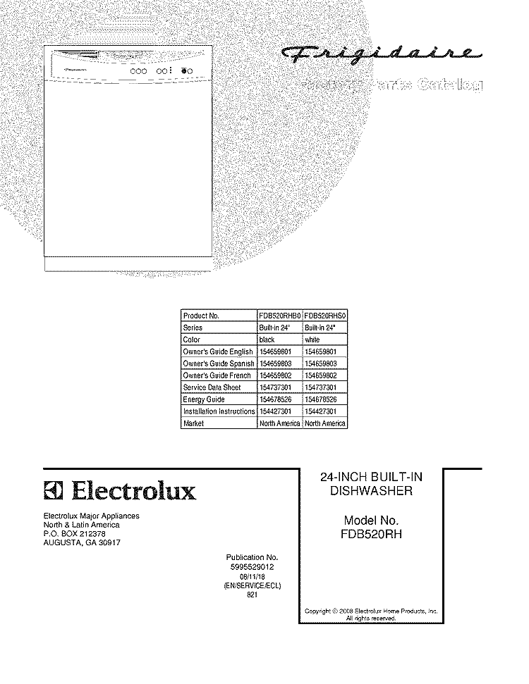 COVER Diagram and Parts List for FDB520RHB0  Frigidaire Dishwasher