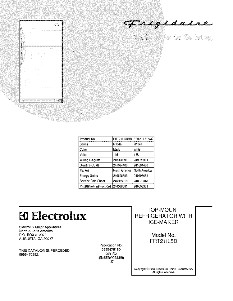 COVER Diagram and Parts List for FRT21IL5DWC  Frigidaire Refrigerator