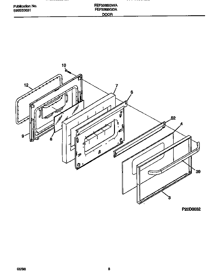 DOOR Diagram and Parts List for FEF336BGWA  Frigidaire Range