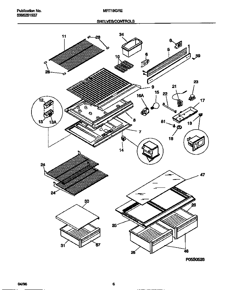 SHELVES / CONTROLS Diagram and Parts List for MRT18GREW0  Frigidaire Refrigerator
