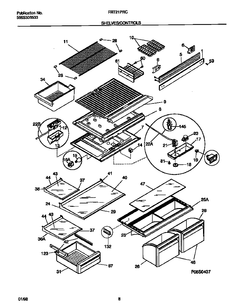 SHELVES / CONTROLS Diagram and Parts List for FRT21PRCW6  Frigidaire Refrigerator