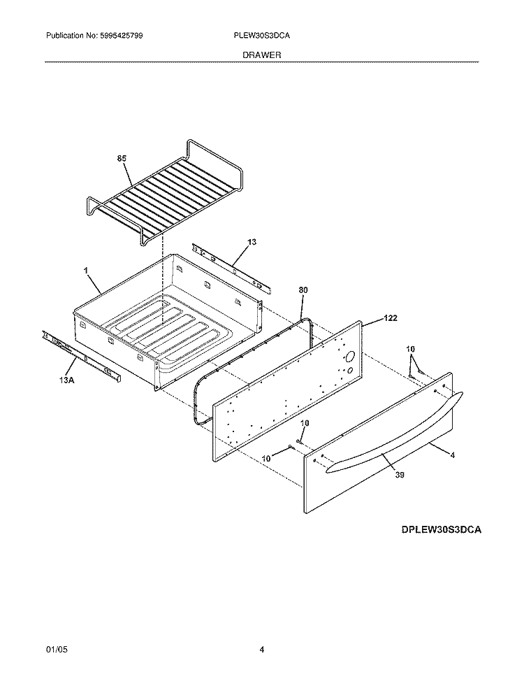 DRAWER Diagram and Parts List for PLEW30S3DCA  Frigidaire Warming Drawer