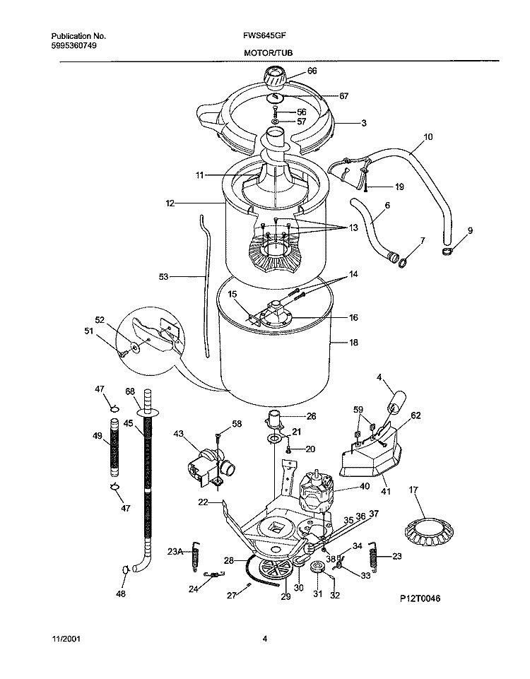WSHR MTR, HOSE Diagram and Parts List for FWS645GFT2  Frigidaire Washer