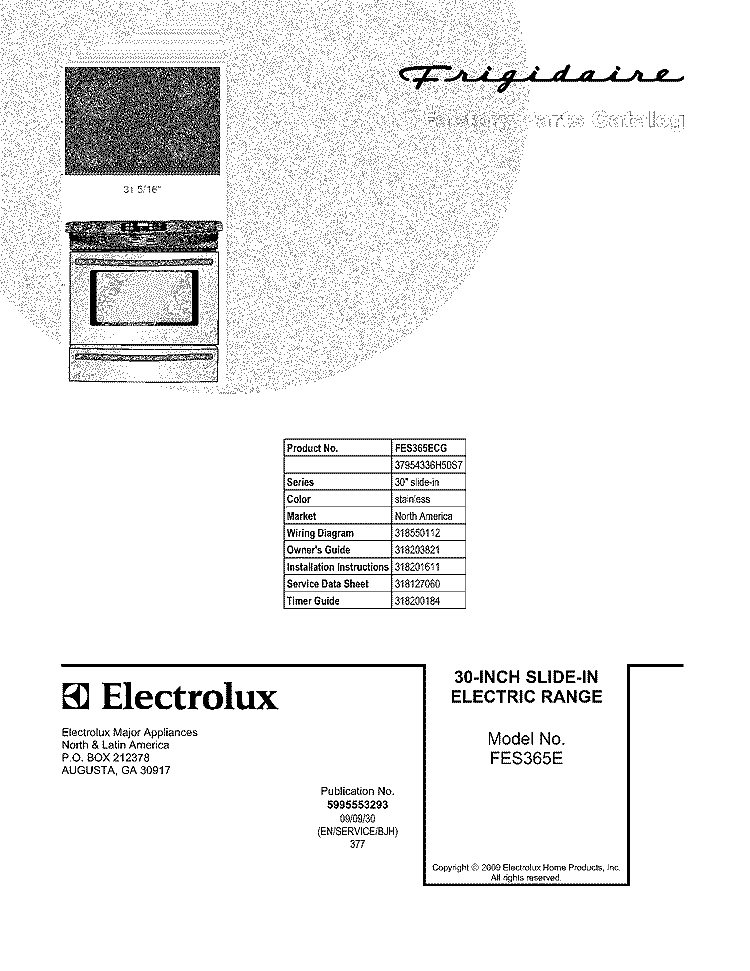 COVER Diagram and Parts List for FES365ECG  Frigidaire Range