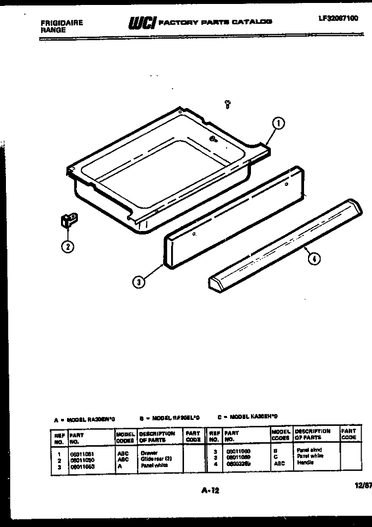 DRAWER PARTS Diagram and Parts List for RA30EH0  Frigidaire Range