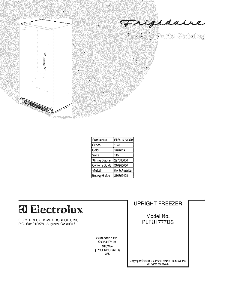 COVER Diagram and Parts List for PLFU1777DS0  Frigidaire Freezer