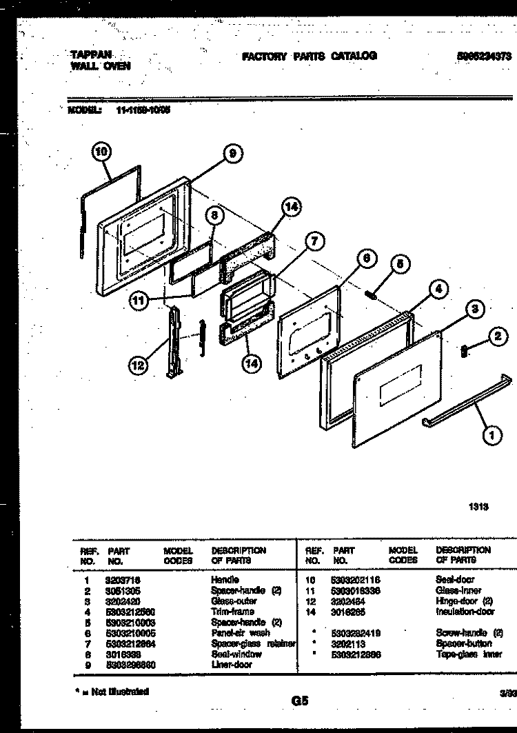 DOOR PARTS Diagram and Parts List for 11-1159-00-05  Tappan Wall Oven
