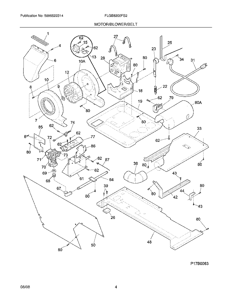MOTOR/BLOWER/BELT Diagram and Parts List for FLGB8200FS2  Frigidaire Washer Dryer Combo