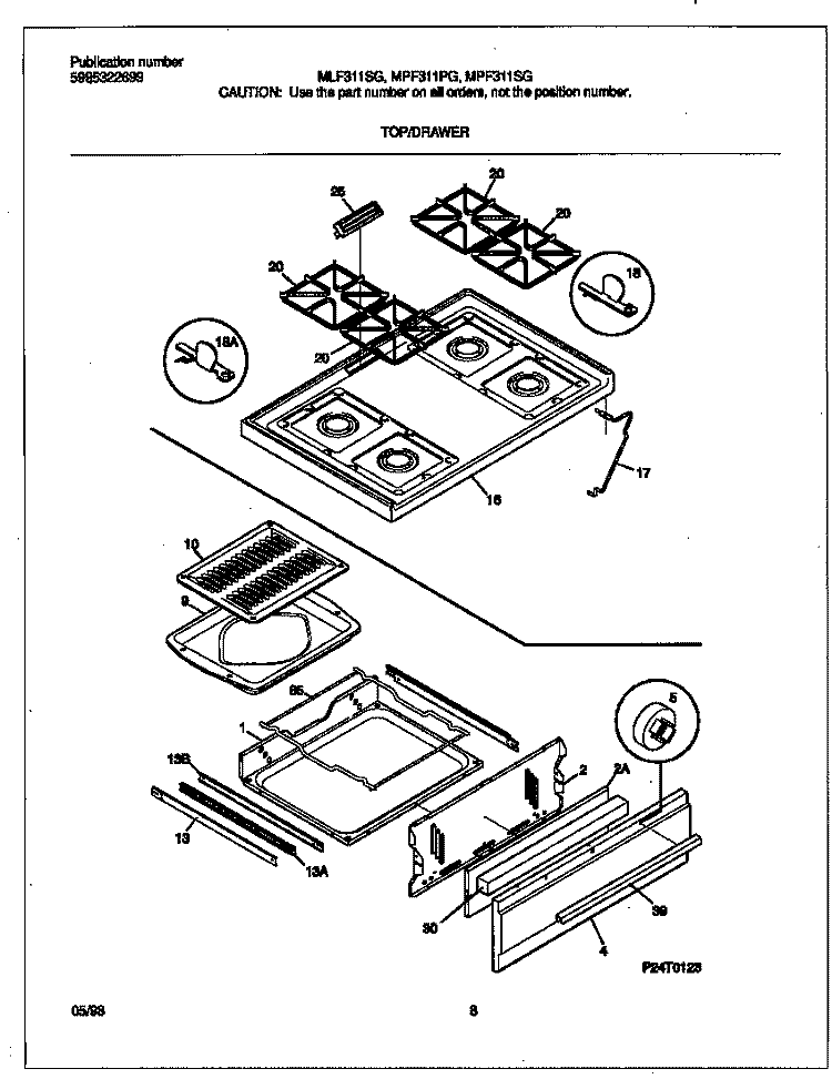 TOP / DRAWER Diagram and Parts List for MLF311SGDC  Frigidaire Range