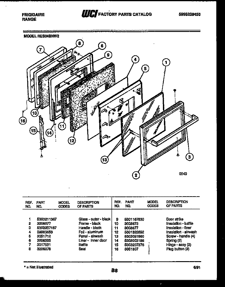 DOOR PARTS Diagram and Parts List for RES34BNL2  Frigidaire Range