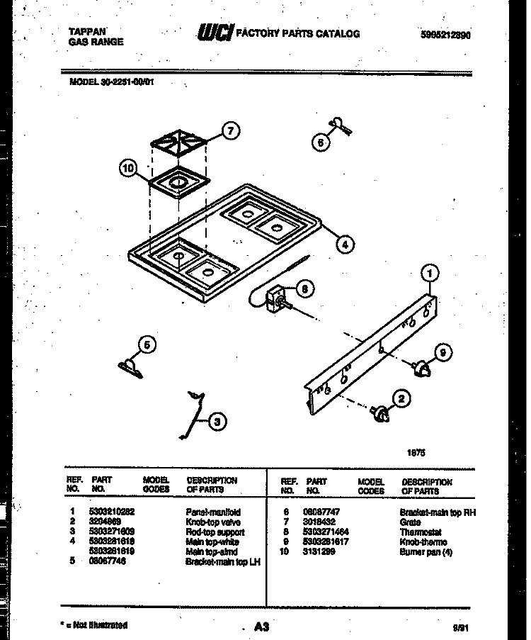 COOKTOP PARTS Diagram and Parts List for 30-2251-00-01  Tappan Range