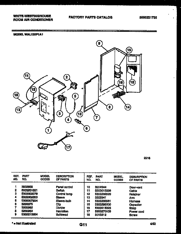 ELECTRICAL PARTS Diagram and Parts List for WAL126P1A1  Frigidaire Air Conditioner