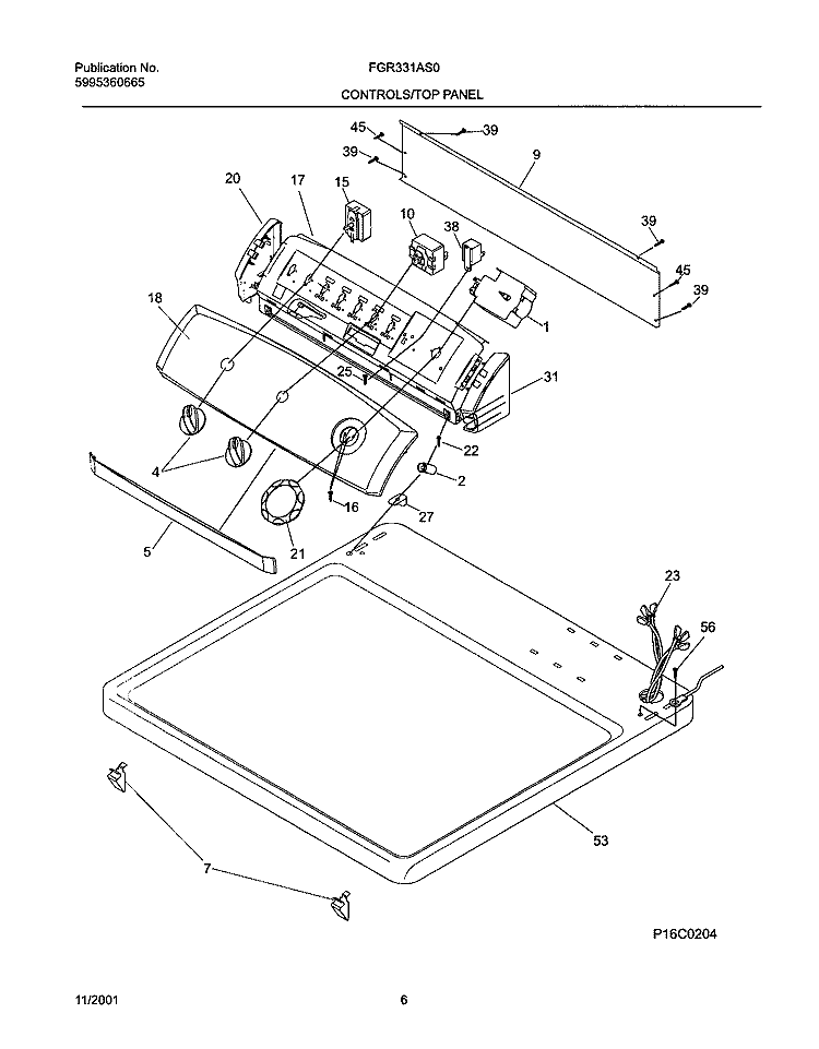 CONTROL PANEL Diagram and Parts List for FGR331AS0  Frigidaire Dryer