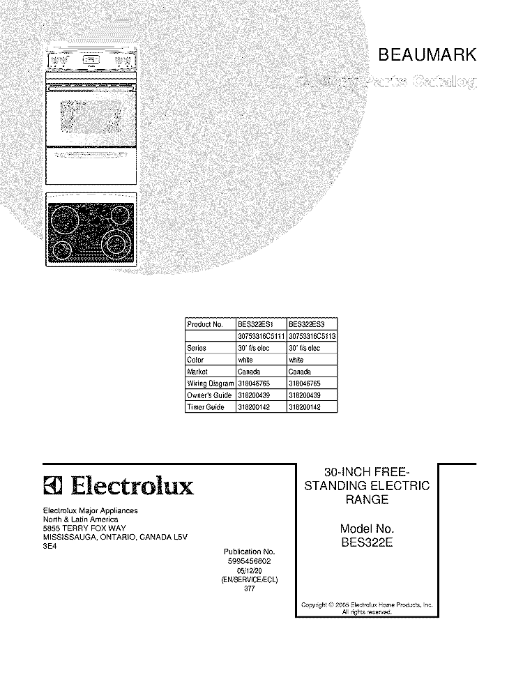 COVER Diagram and Parts List for BES322ES1  Crosley Range