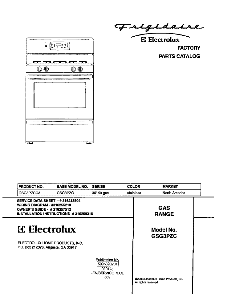 COVER Diagram and Parts List for GSG3PZCCA  Frigidaire Range