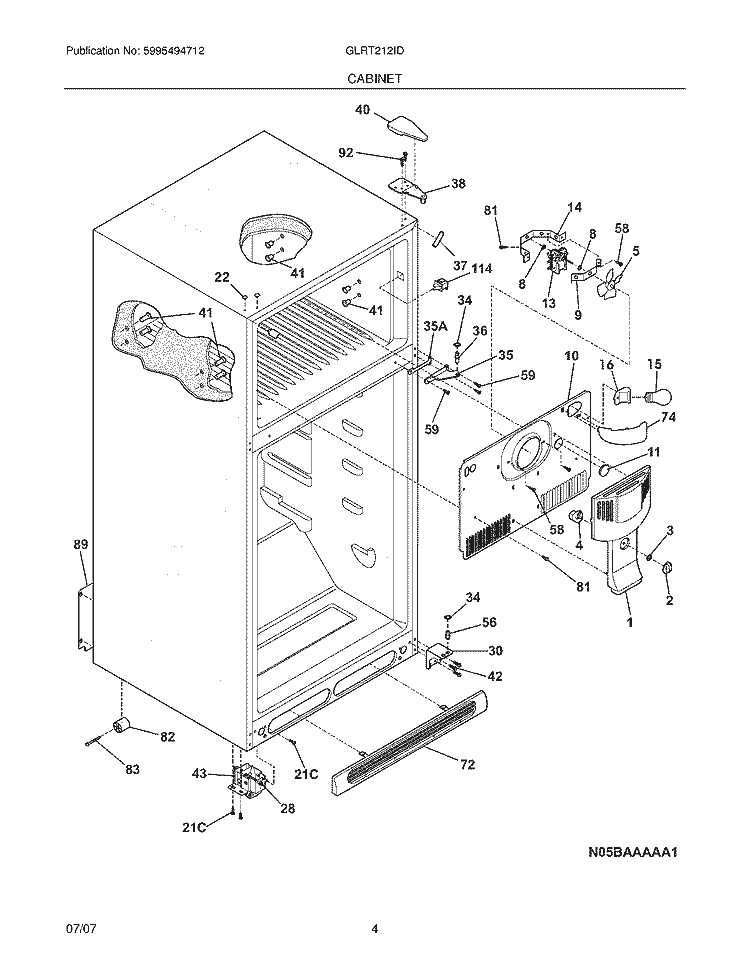 CABINET Diagram and Parts List for GLRT212IDBE  Frigidaire Refrigerator