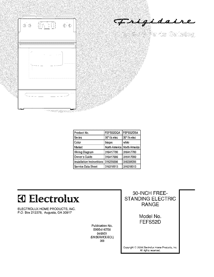 COVER Diagram and Parts List for FEFS52DSA  Frigidaire Range
