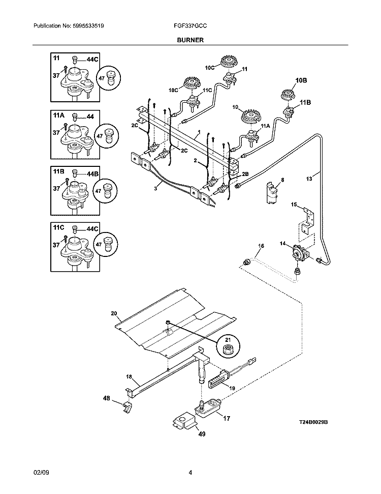 BURNER Diagram and Parts List for FGF337GCC  Frigidaire Range
