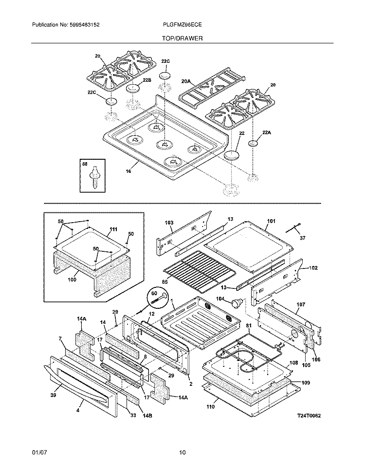 TOP / DRAWER Diagram and Parts List for PLGFMZ96ECE  Frigidaire Range