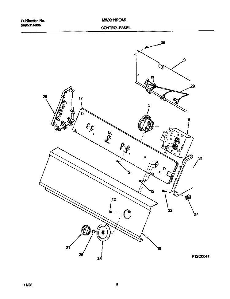 P12C0047 CONTROL PANEL Diagram and Parts List for MWX111REW2  Frigidaire Washer