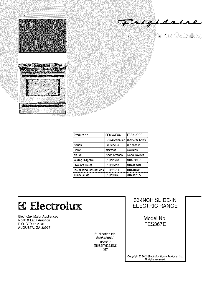 COVER Diagram and Parts List for FES367ECA  Frigidaire Range