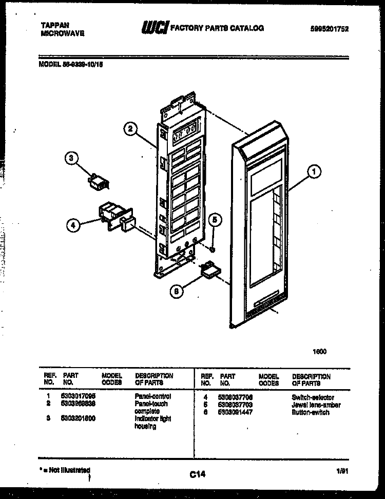 CONTROL PANEL Diagram and Parts List for 56-9339-10-15  Tappan Microwave