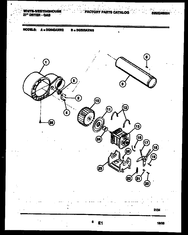 BLOWER AND DRIVE PARTS Diagram and Parts List for DG500AXW6  Frigidaire Dryer