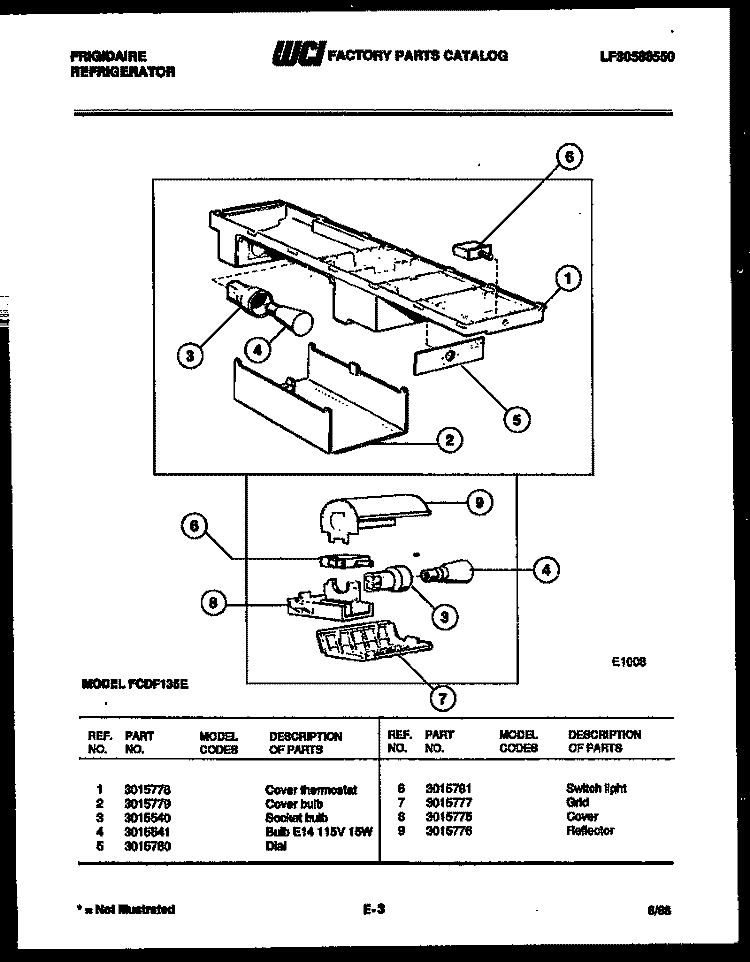 LIGHTING PARTS Diagram and Parts List for FCDF135E  Frigidaire Refrigerator