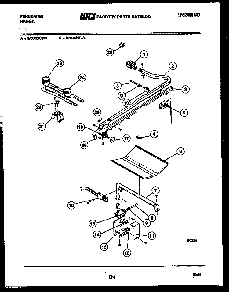 BURNER, MANIFOLD AND GAS CONTROL Diagram and Parts List for GCG32CL3  Frigidaire Range