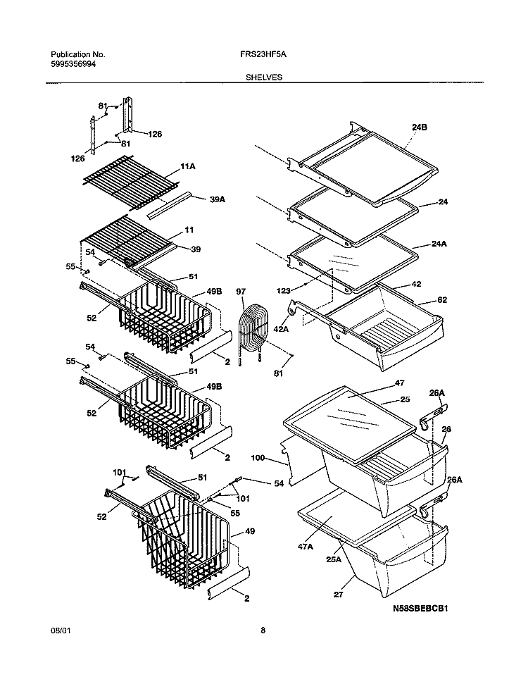 SHELVES Diagram and Parts List for FRS23HF5AQ1  Frigidaire Refrigerator