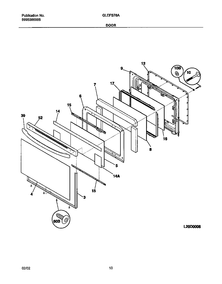DOOR Diagram and Parts List for GLEFS76AQG  Frigidaire Range