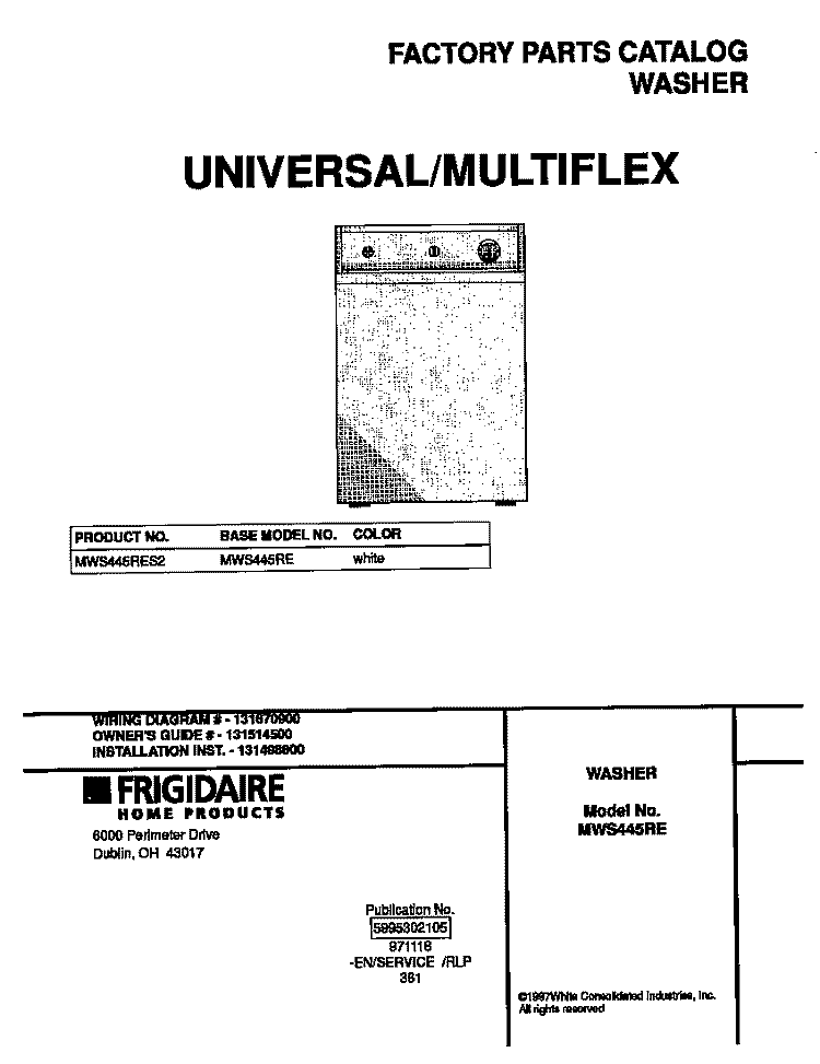 COVER Diagram and Parts List for MWS445RES2  Frigidaire Washer