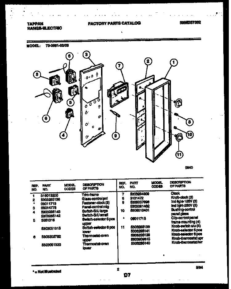 CONTROL PANEL Diagram and Parts List for 73-3951-00-03  Tappan Range
