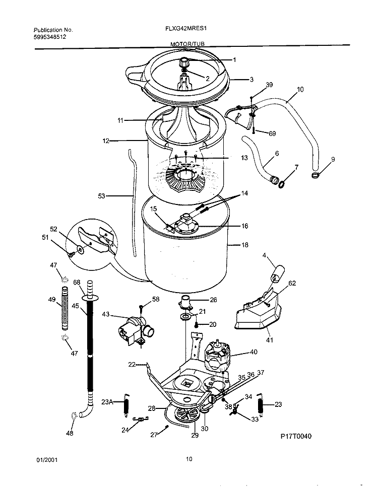 WSHR MTR, HOSE Diagram and Parts List for FLXG42MRES1  Frigidaire Washer Dryer Combo