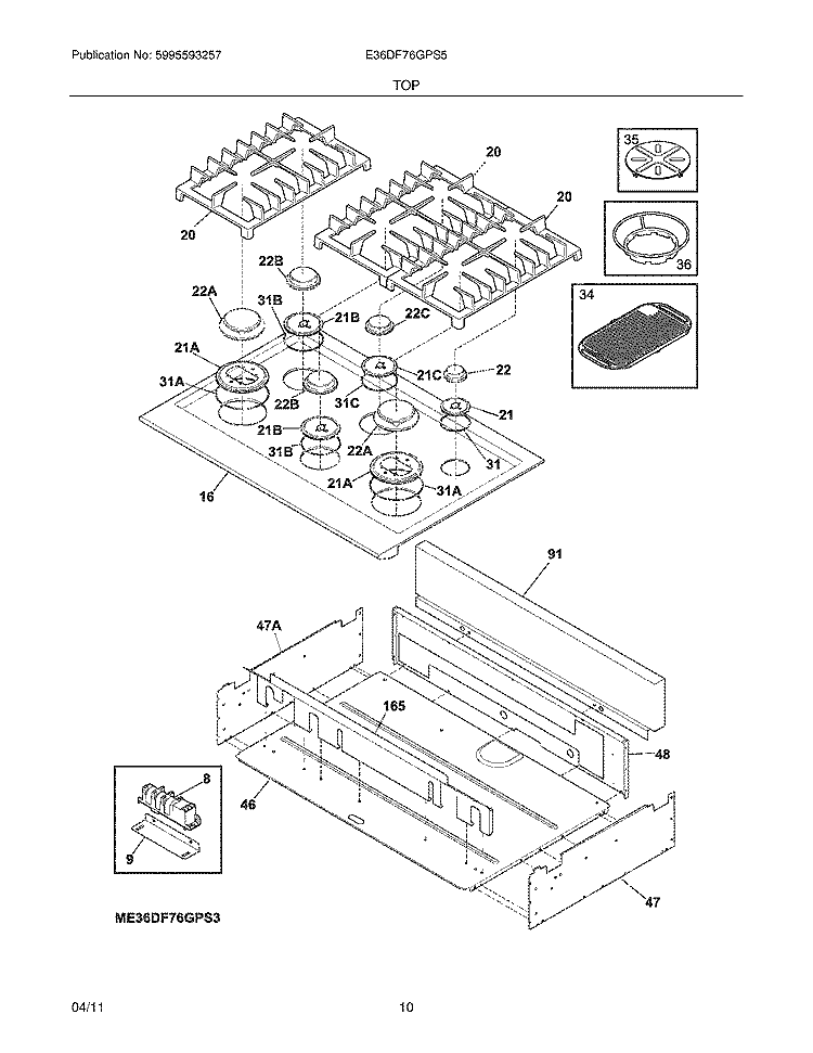 MAIN TOP Diagram and Parts List for E36DF76GPS5  Electrolux Range