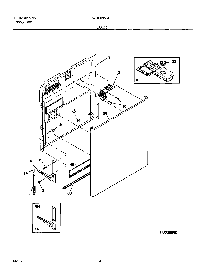 DOOR Diagram and Parts List for WDB635RBQ0  Westinghouse Dishwasher