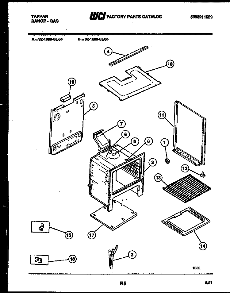 BODY PARTS Diagram and Parts List for 32-1009-00-05  Tappan Range