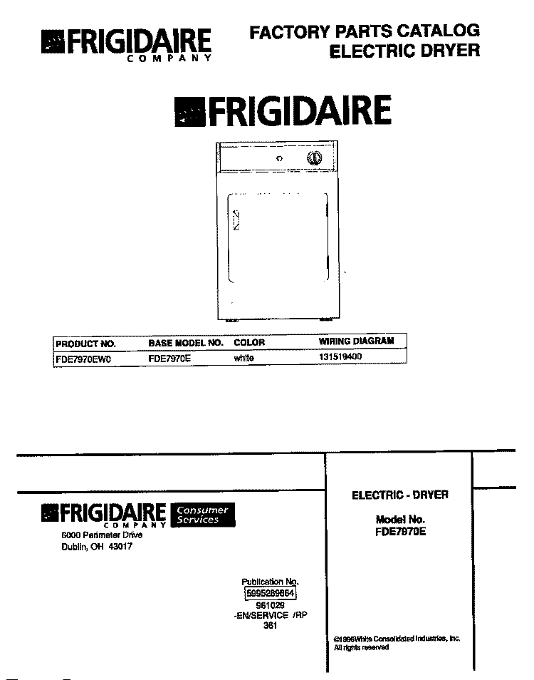 COVER Diagram and Parts List for FDE7970EW0  Frigidaire Dryer