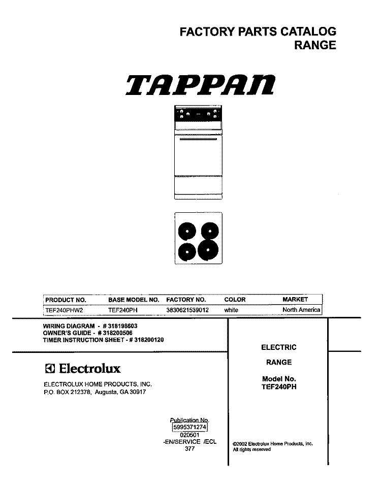 COVER Diagram and Parts List for TEF240PHW2  Tappan Range