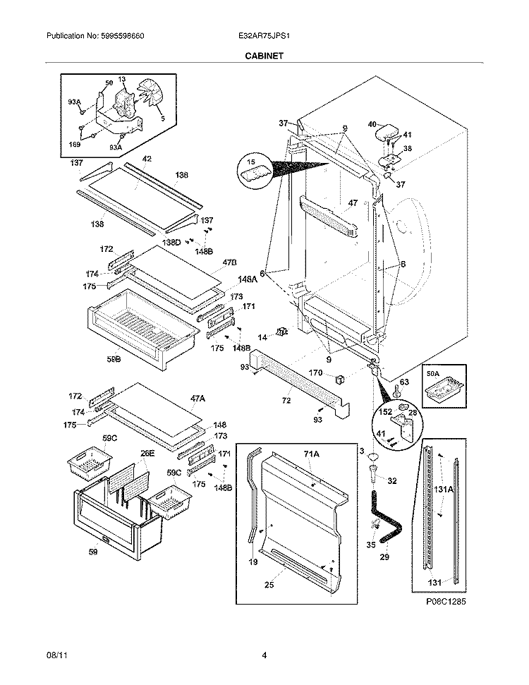 CABINET Diagram and Parts List for E32AR75JPS1  Electrolux Refrigerator