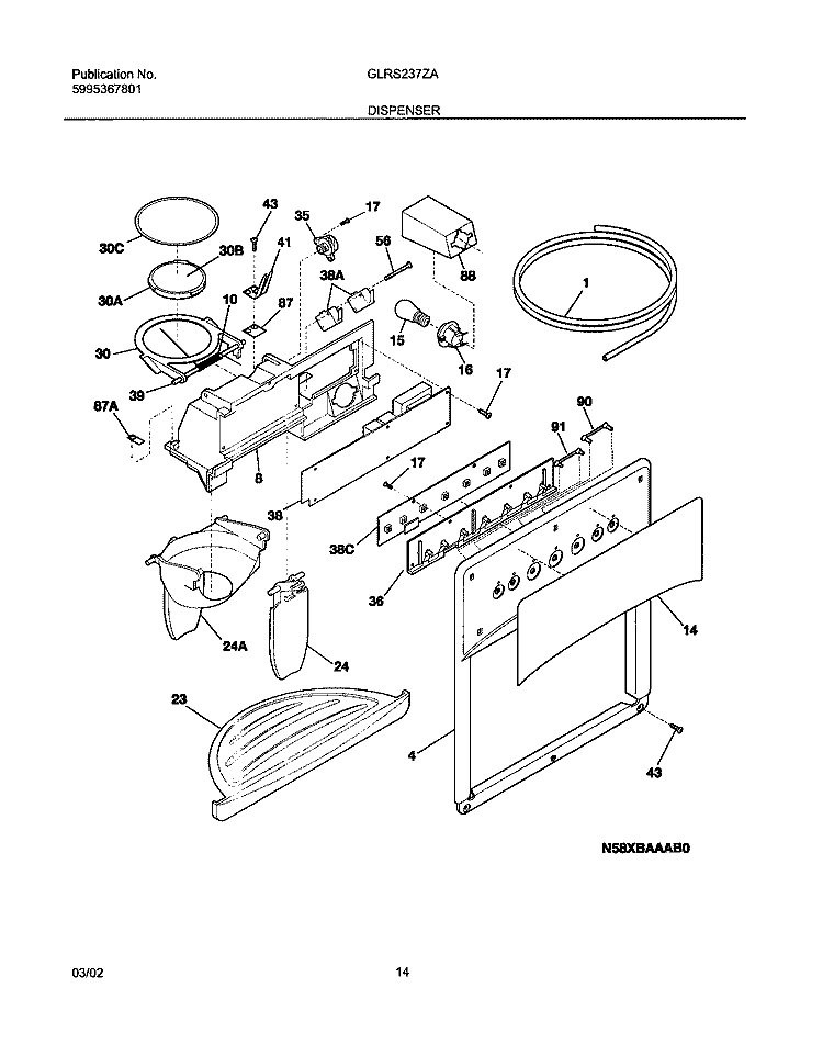 DISPENSER Diagram and Parts List for GLRS237ZAW4  Frigidaire Refrigerator