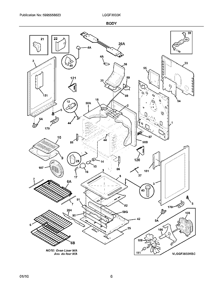 BODY Diagram and Parts List for LGGF3033KWD  Frigidaire Range