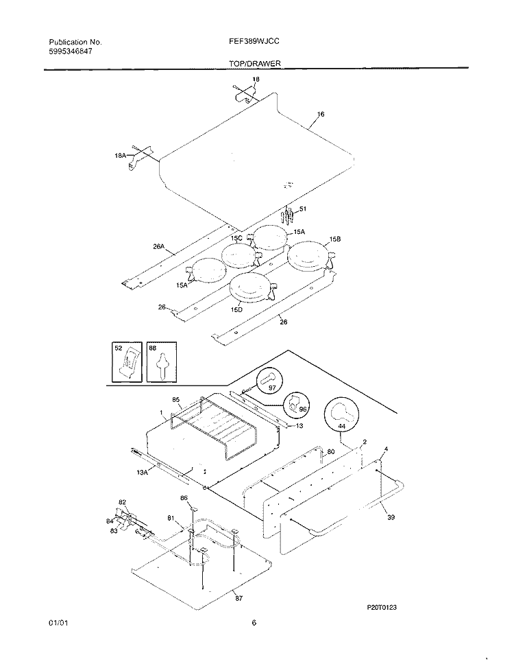 TOP / DRAWER Diagram and Parts List for FEF389WJCC  Frigidaire Range